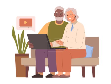 Illustration for Pensioners using modern technologies and gadget for fun and entertainment. Watching video in internet on laptop, grandparents at home. Flat cartoon character vector - Royalty Free Image