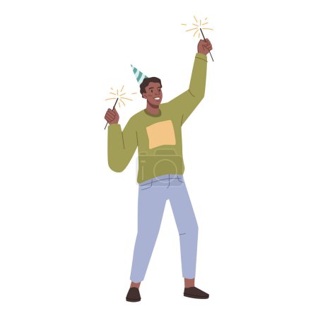 Téléchargez les illustrations : Homme portant une casquette d'anniversaire et tenant des feux de bengale souriant et dansant. Célébrer les vacances et s'amuser. Joyeux gars à la fête, fête du festival. Vecteur de personnage de dessin animé plat - en licence libre de droit