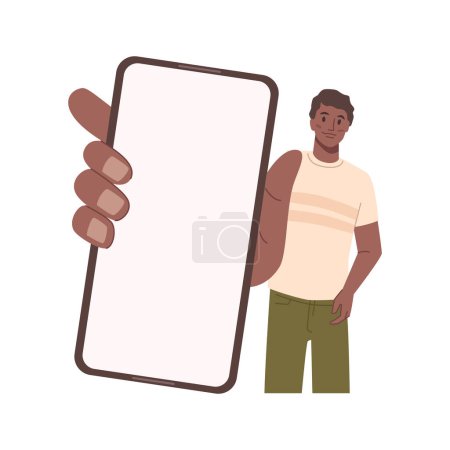 Illustration for Afro american man with mobile show empty display, flat cartoon vector illustration. Vector smartphone in hand show empty display. Male person hold screen showing something - Royalty Free Image