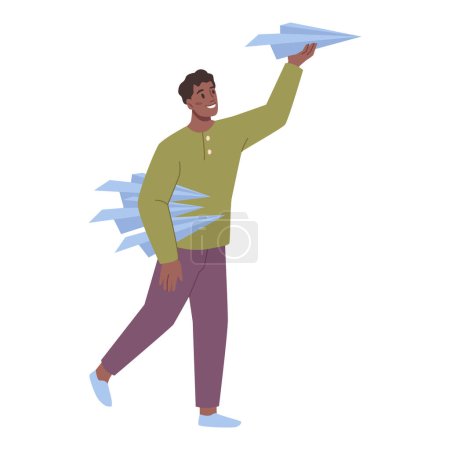 Illustration for Businessman running with paper plain in raised hand. Concept of business startup, launch of new project. Vector flat cartoon illustration. Businessman investor launch paper plane - Royalty Free Image