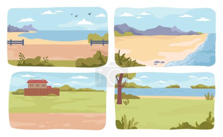 Ilustración de Paisajes naturales de playa o costa, lago o prado con cordillera en distancia, conjunto de dibujos animados. Lugares de vacaciones de verano, recreación y descanso al aire libre. Vector en estilo plano - Imagen libre de derechos