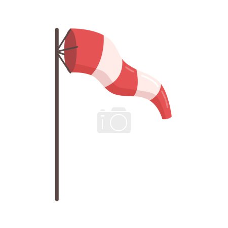 Téléchargez les illustrations : Cône de vent rouge et blanc sur la perche pour l'indication de la force et de la vitesse du vent au sol sur la piste de l'aéroport. Illustration vectorielle de style dessin animé plat d'avertissement soufflant chaussette de vent, chaussette d'air par temps venteux - en licence libre de droit