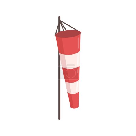 Illustration for Meteorology red and white windsock indicate direction and strength of wind. Conical textile tube. Used at airports, alongside highways at windy locations. Vector flat cartoon design illustration - Royalty Free Image