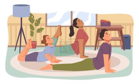 Illustration for Happy family sport activity in living room. Mother, father and kid doing morning exercising at home, workout exercise together. Healthy lifestyle indoor sports, flat cartoon vector illustration - Royalty Free Image
