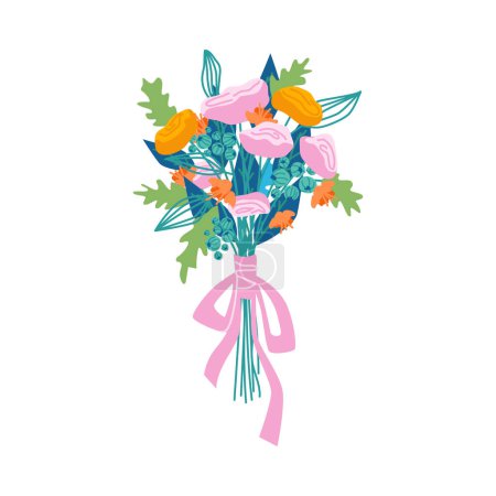 Téléchargez les illustrations : Floral composition in bouquet, isolated flowers in blossom. Botany and decoration. Decorative botany, flora and branches with petals and leaves, vector in flat cartoon style - en licence libre de droit
