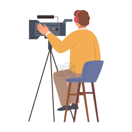 Illustration for Cameraman sitting on chair, adjusting camera on tripod for shooting video. Vector video operator, film director or videographer with professional studio equipment, flat cartoon vector illustration - Royalty Free Image