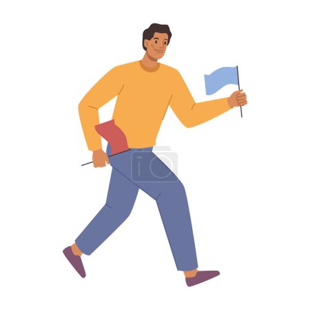 Ilustración de Leader of company running with flags, isolated man personage setting and achieving goals. Success and personal growth, development. Flat cartoon character vector - Imagen libre de derechos