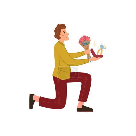 Ilustración de Man making proposal, isolated male personage with bouquet of flowers and ring standing on knee and popping question. Engagement, vector in flat cartoon style - Imagen libre de derechos