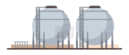 Ilustración de Petroleum and gas stations, isolated machinery and technologies of oil industry. Barrels or huge containers for storage on factory. Vector in flat style - Imagen libre de derechos