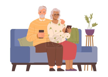 Illustration for Senior people using smartphones sitting on sofa and resting. Pensioners with modern technologies, cell phone with internet. Flat cartoon character vector - Royalty Free Image
