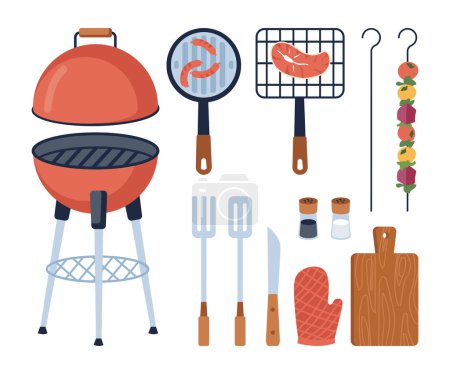 Ilustración de Barbeque food preparation equipment and elements. Isolated grill and meat, skewer with vegetables, spatula and knife with glove. Vector in flat cartoon style - Imagen libre de derechos