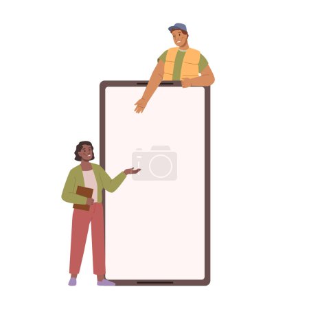 Ilustración de Smartphone advertisement, people pointing on screen. Small people showing display of phone blank screen. Students use mobile phone, man and woman display monitor, vector flat cartoon illustration - Imagen libre de derechos