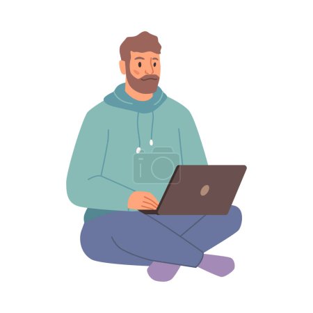 Illustration for Man sitting and working on laptop isolated flat cartoon character. Vector freelancer or online worker with computer, programmer or developer using notebook, distant worker - Royalty Free Image