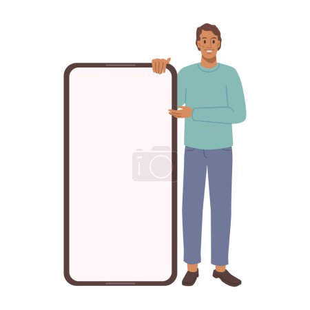 Illustration for Caucasian man with mobile show empty display, male person hold screen showing something. Vector flat cartoon character with smartphone in hand show empty display - Royalty Free Image