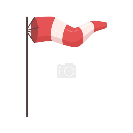 Téléchargez les illustrations : Conical textile tube, windsock in striped red and white for airports, alongside highways at windy locations. Vector flat cartoon illustration. Meteorology sign direction and strength of wind - en licence libre de droit