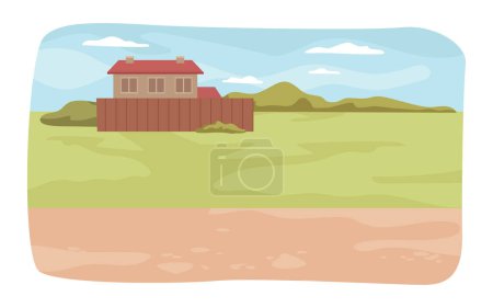 Ilustración de Village or rural area, countryside with meadow or field. Lawn of grass with house property and mountains in distance. House with fence. Vector in flat style - Imagen libre de derechos