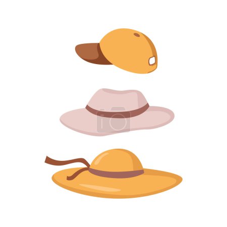 Téléchargez les illustrations : Headwears protecting head from sun in summer, isolated tourist caps. Baseball and boater hats, decorative straw and ribbon bow. Vector in flat cartoon style - en licence libre de droit