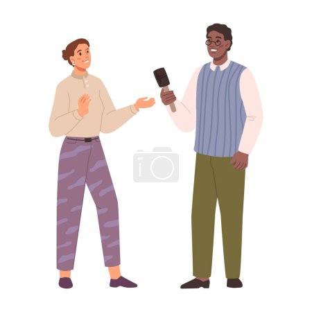 Illustration for Journalist interview celebrity at press conference. Businesswoman or celebrity character giving an interview to male journalist. Press conference, live report, people presenter and speaker - Royalty Free Image