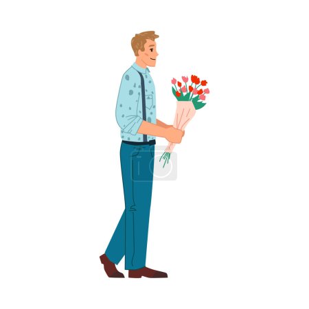 Ilustración de Personaje masculino dando flores y ramos, hombre aislado. Citas y celebración. Personajes de dibujos animados, vector en plano - Imagen libre de derechos