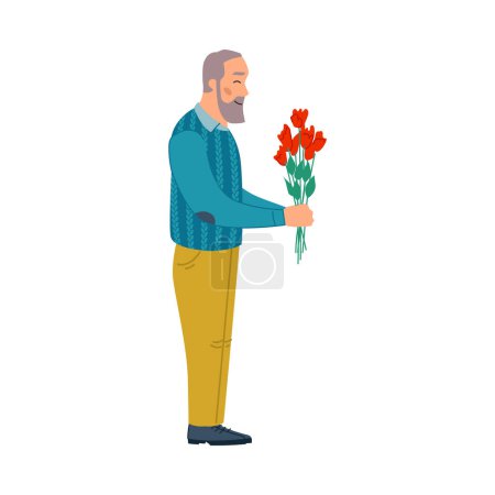 Téléchargez les illustrations : Personnage masculin donnant des fleurs et des bouquets, homme isolé. Sortir ensemble et célébrer. Personnages de bande dessinée, vecteur à plat - en licence libre de droit