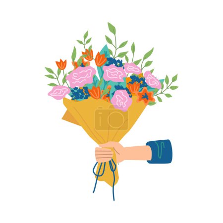 Ilustración de Floral composition in bouquet, isolated of hand holding flowers in blossom. Botany and decoration. Decorative botany, flora and branches with petals and leaves, vector in flat cartoon style - Imagen libre de derechos