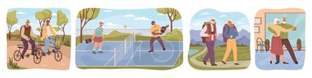 Illustration for Pensioners doing sports and leading active lifestyle. Riding bicycle and playing tennis, hiking and taking dance classes with partner. Vector old people in flat style - Royalty Free Image