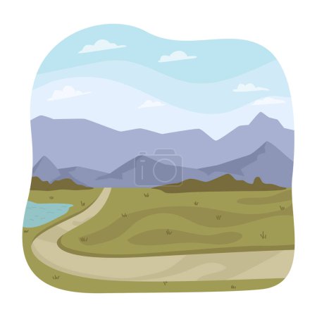 Illustration for Mountains range and path, field with grass and lake. Landscape and nature view, recreation and vacation or holiday destination trekking. Vector in flat style - Royalty Free Image