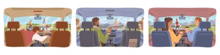 Téléchargez les illustrations : Driving vehicle and being distracted from road. People driving transport do not looking at street and pedestrians, cause of accident. Vector in flat style - en licence libre de droit