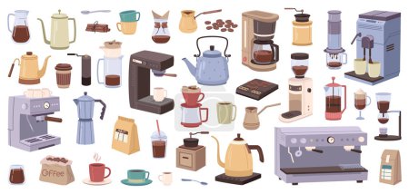 Illustration for Equipment and machinery for brewing and preparing coffee isolated icons set. Isolated cezve and beans, cup with hot beverage and package with powdered coffee. Vector in flat style - Royalty Free Image