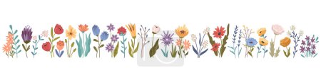 Téléchargez les illustrations : Blooming flowers in row, spring and summer wildflowers and plants with foliage and leaves isolated icons set. Tulips and roses, daisies and peonies. Vector in flat style - en licence libre de droit
