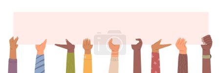 Illustration for Hands of people of different races holding empty banner with copy space. Advertisement or announcement, blank long paper for text. Vector in flat style - Royalty Free Image