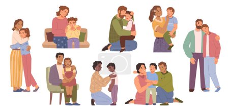 Illustration for Crying children being comforted by parents. Mother and father hugging and cuddling kid, soothing and calming down, quieten infants. Vector happy families in flat style - Royalty Free Image