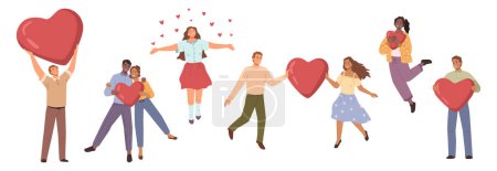 Téléchargez les illustrations : Couples in love celebrating Valentines day or anniversary. Cuddling man and woman characters, dancing and smiling girls personages. Vector in flat style - en licence libre de droit