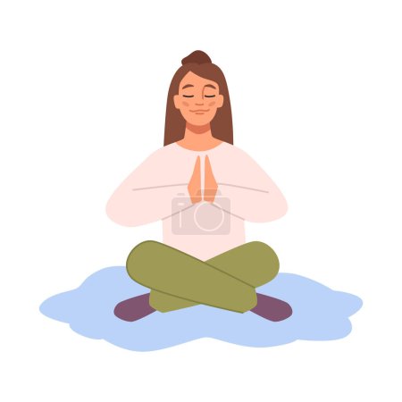 Illustration for Meditating female character sitting in lotus pose. Reaching balance and mindfulness, mental health and harmony with the inner self. Vector in flat style - Royalty Free Image