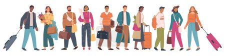 Téléchargez les illustrations : Walking male and female characters carrying baggage and bags. Traveling people with personal belongings and stuff, going on vacation. Vector in flat style - en licence libre de droit