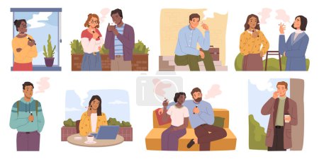 Illustration for Male and female characters smoking outdoors or at home. People with bad habit, making smoke and fumes from cigarettes and cigars. Vector in flat style - Royalty Free Image