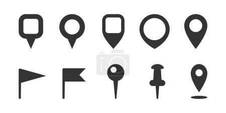 Téléchargez les illustrations : Geolocation pins and pints for tourist app. Isolated silhouette icons of location and flag. Minimalist monochrome locator. Vector in flat style illustration - en licence libre de droit
