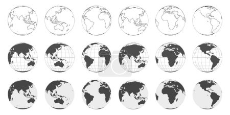 Ilustración de Hemispheres and globes with world maps showing countries and continents. Earth with different sides, geography, and cartography icon. Vector in flat style - Imagen libre de derechos