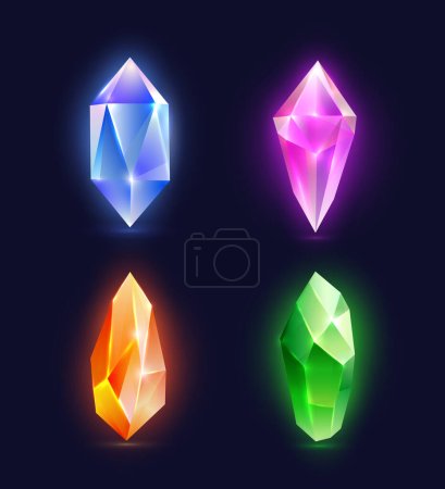 Crystals glowing mineral rocks, precious stones or gems. Diamonds and jewels. Isolated gemstones jewelry and decoration, game design. Vector in realistic style