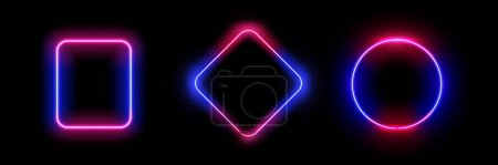 Illustration for Square and rhombus, circle, neon frames with empty space inside. Borders with glowing lines, highlighting and catching attention. Vector in realistic style - Royalty Free Image