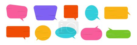 Téléchargez les illustrations : Speech and thought bubbles, dialogue balloons, isolated wrinkled glued stickers with copy space. Empty pieces of paper for phrases. Vector in realistic style - en licence libre de droit