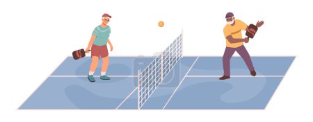 Téléchargez les illustrations : Pensioner couple playing tennis outdoors, grandmother and grandfather leading active and healthy lifestyle. Doing sports and exercising. Vector in flat style - en licence libre de droit