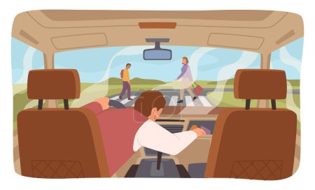 Ilustración de Personage distracted while driving vehicle. Man do not looking at road with crossing pedestrians. Careless driver risking life of people. Vector in flat style - Imagen libre de derechos