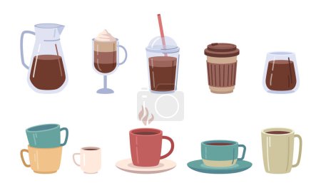 Téléchargez les illustrations : Coffee drinks and beverages served in mugs and plastic cups for take away. Cafe or shop drinks to go, tasty isolated coffee in mugs. Vector in flat style - en licence libre de droit