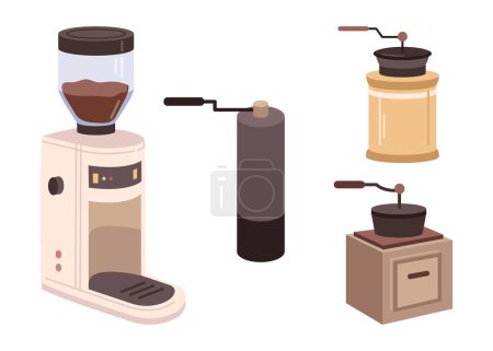 Ilustración de Electric and manual coffee grinders, isolated appliances and equipment for cafes and restaurants. Box for beans, handle for operating, machines set. Vector in flat style - Imagen libre de derechos