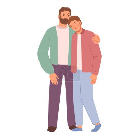 Illustration for Parent comforting kid, isolated dad hugging upset or depressed teenage boy. Father cuddling and calming down sad and unhappy personage. Vector in flat style - Royalty Free Image