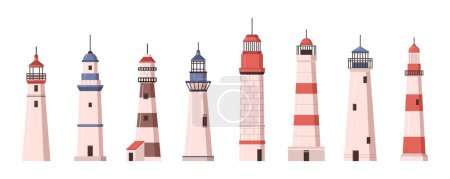 Illustration for Lighthouse and beacon tall brick tower with light to warm or guide vessels and ships in sea. Architecture and construction by shore. Vector in flat style - Royalty Free Image