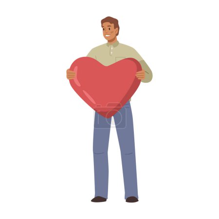 Illustration for Male character standing with heart shape, isolated man expressing love and feeling of fondness and loyalty. Saint Valentines day celebration or greeting. Vector in flat style - Royalty Free Image
