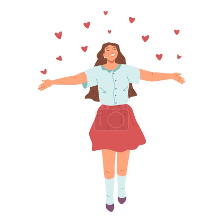 Ilustración de Female character expressing emotions of love. Isolated woman surrounded by hearts. Celebration of saint valentines day or anniversary. Vector in flat style - Imagen libre de derechos