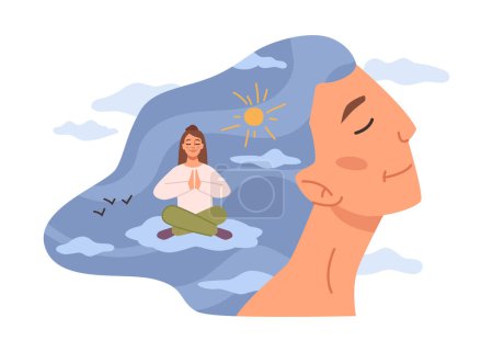 Téléchargez les illustrations : Meditation and mental health care for mind soundness. Inner balance from psychological therapy and professional help with personal issues. Vector in flat style - en licence libre de droit